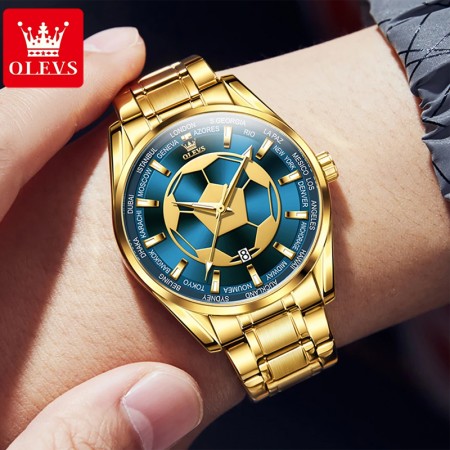 OLEVS New Quartz Watch For Men Fashion Gold Football Design Date Clock Stainless Steel