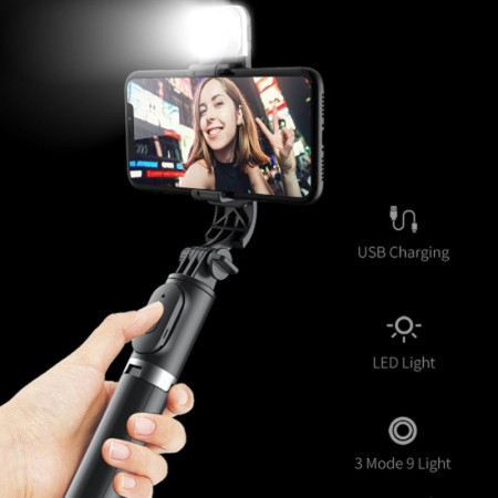 Bluetooth Remote Control Selfie Stick With Light (Black)