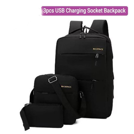 3PCS Leisure Travel Backpack, High Capacity Unisex Laptop Backpack School Bag- Black