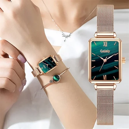 Women Fashion Square Ladies Quartz Watches Bracelet Set Green Dial Simple Rose Gold Mesh Luxury