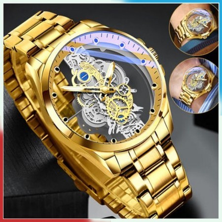 New Men Watch Skeleton quartz Watch Gold Vintage Man  Watch