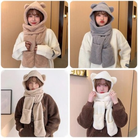 Winter Cute Bear Ear Hat Plush Balaclava with Ears Warm Scarf Gloves Set Hat For Women Girl Fleece Beanies Caps Bonnet Femme