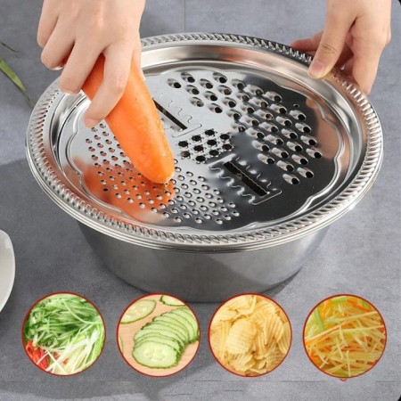 3 In 1 Multifunctional Stainless Steel Basin With Vegetable Cutter with Drain Basket